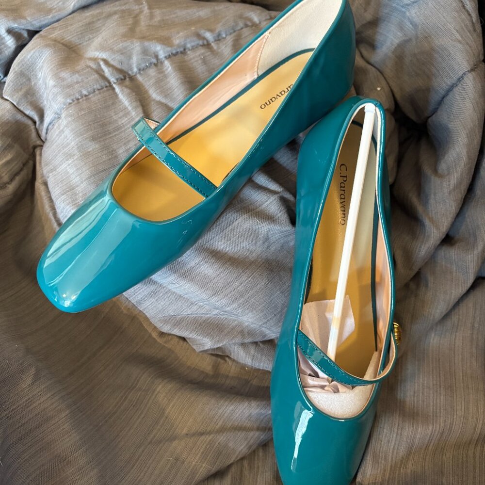 C. Petaromano Teal Patent Mary Jane Flats